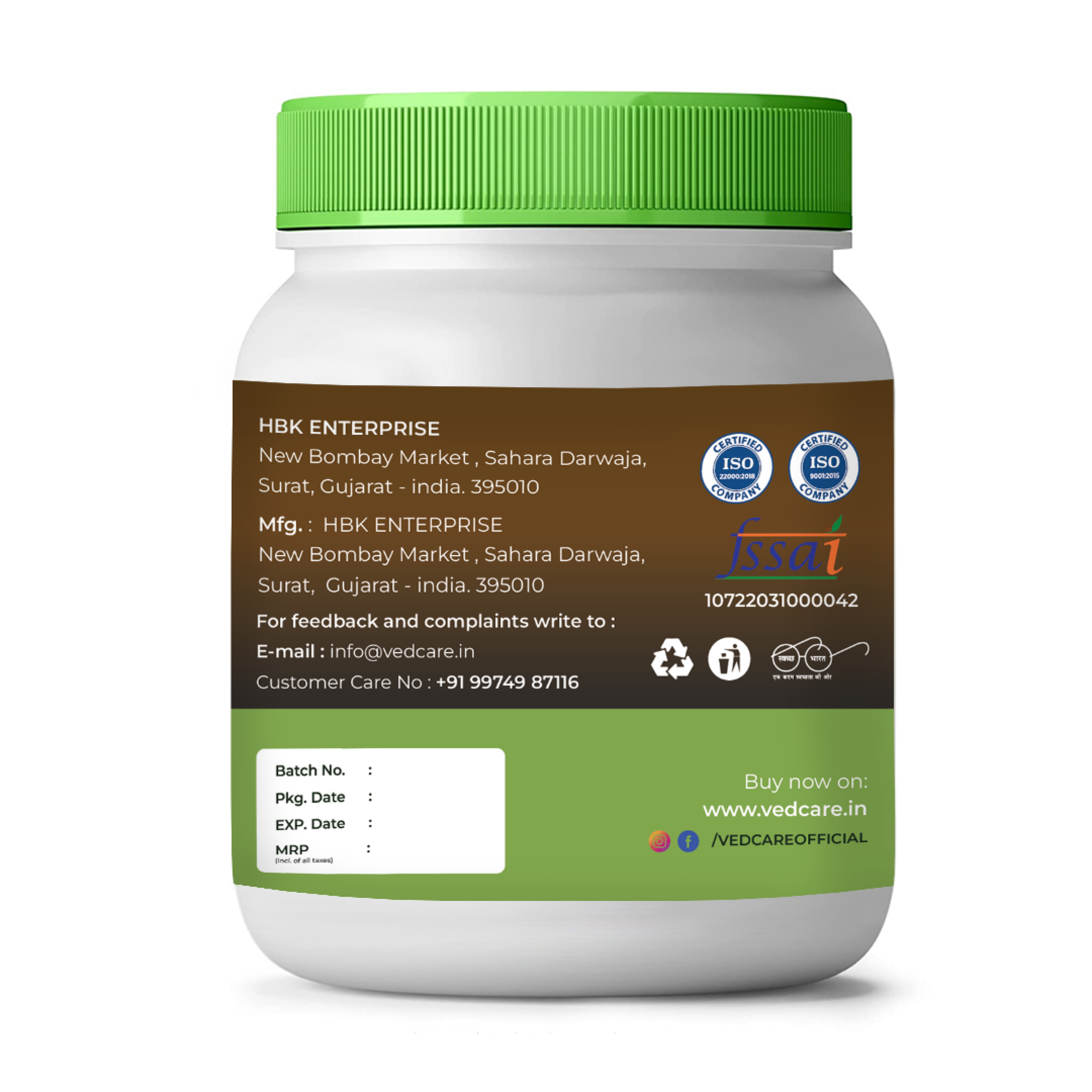 Vedcare supplement jar with green lid and label on a white background