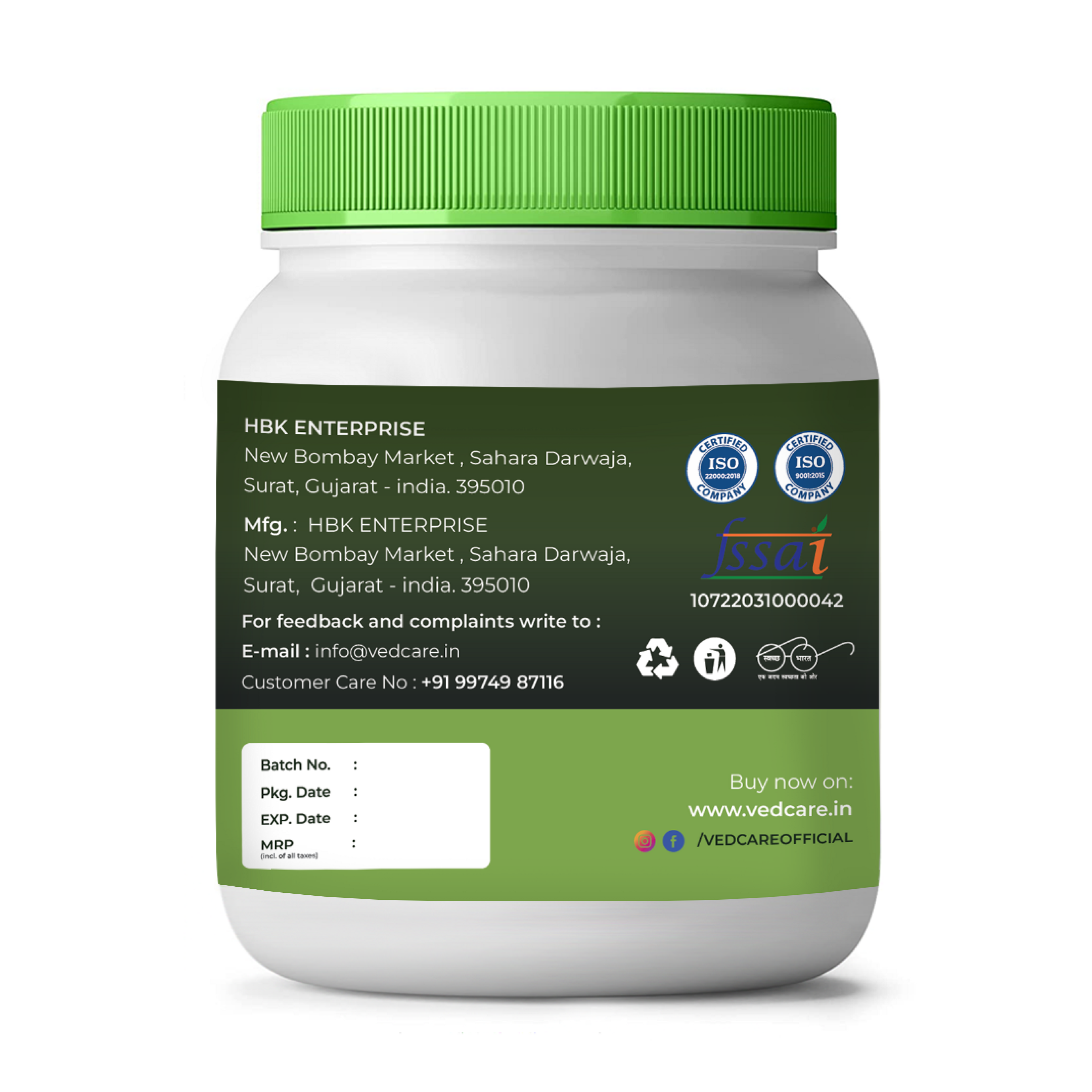 Vedcare supplement jar with green lid and label on a white background