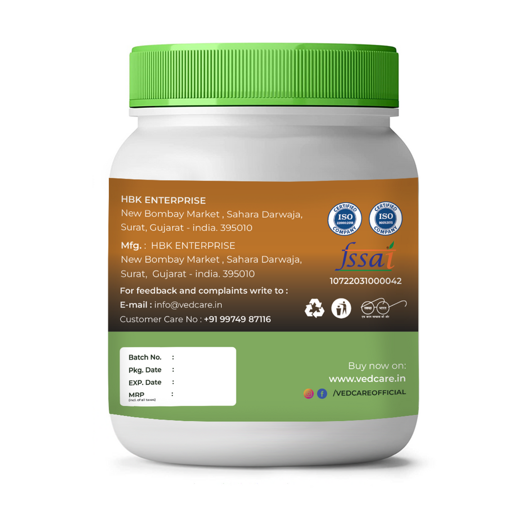 Vedcare supplement jar with green lid and label on a white background