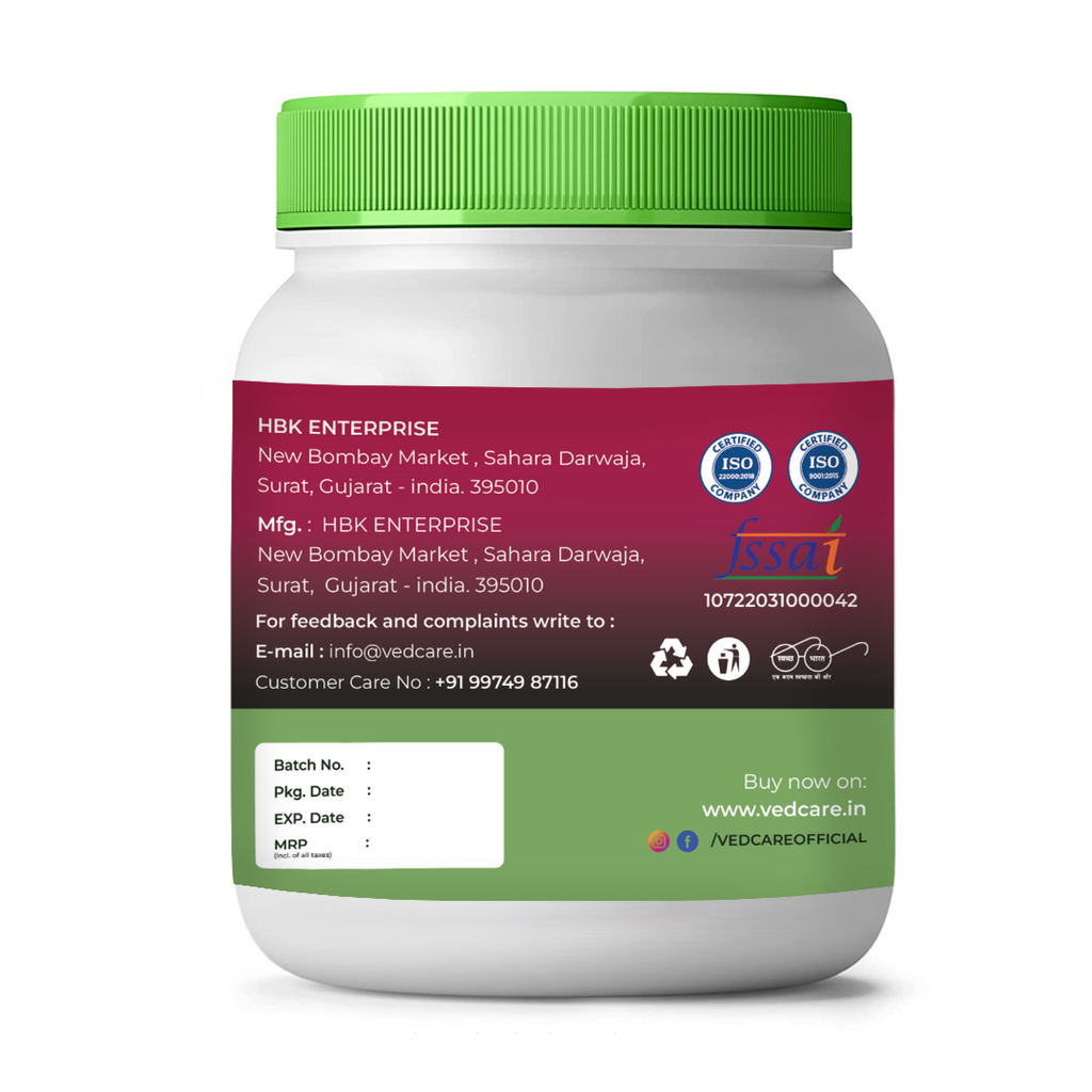 Vedcare supplement jar with green lid and label on a white background