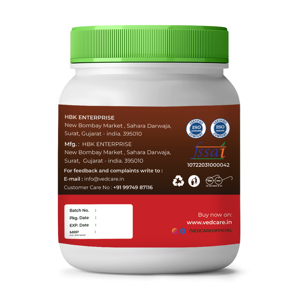 Vedcare supplement jar with green lid and brown label on a white background