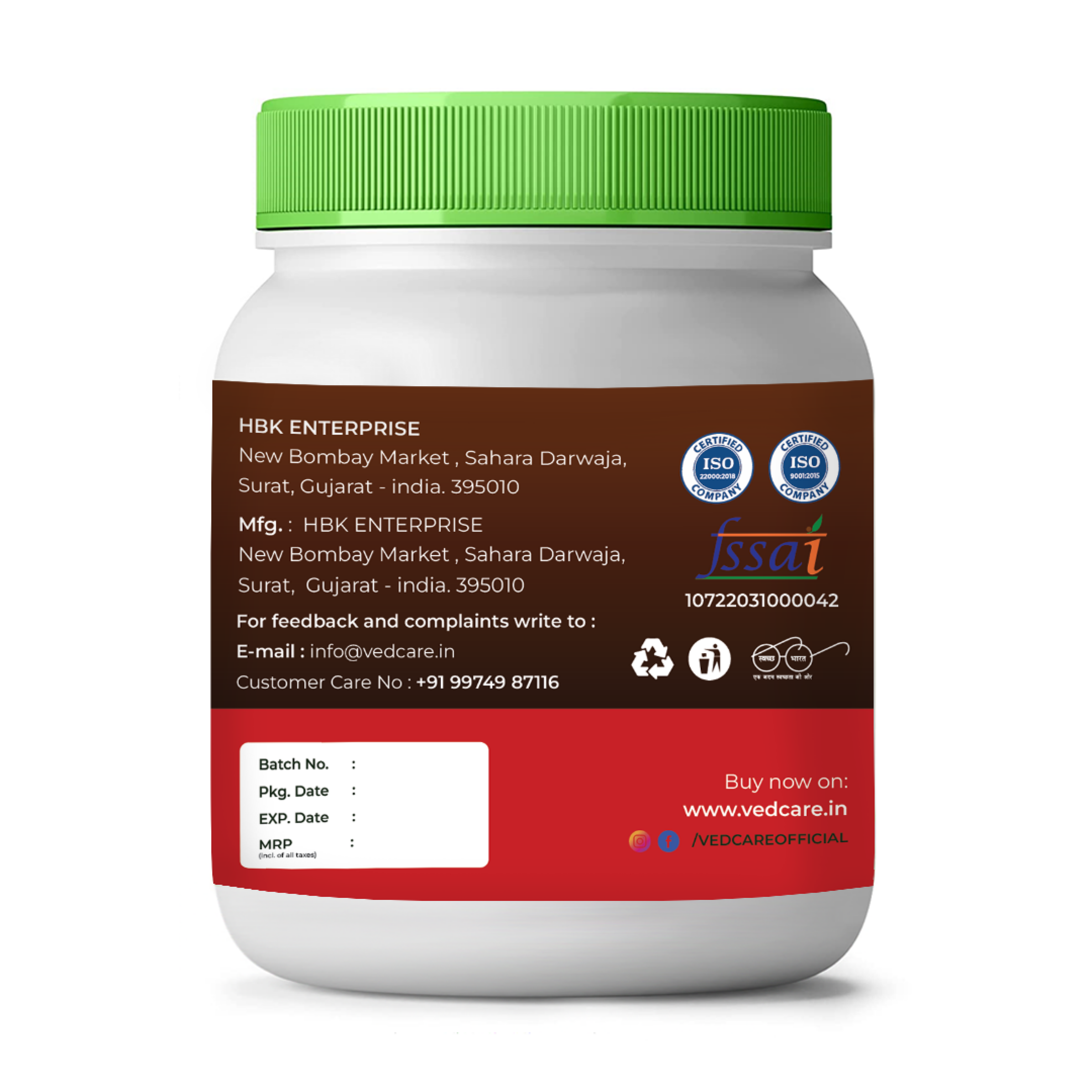 Container with a green lid and a brown label on a white background