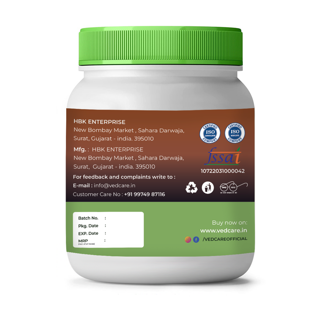 Vedcare supplement jar with green lid and label on a white background
