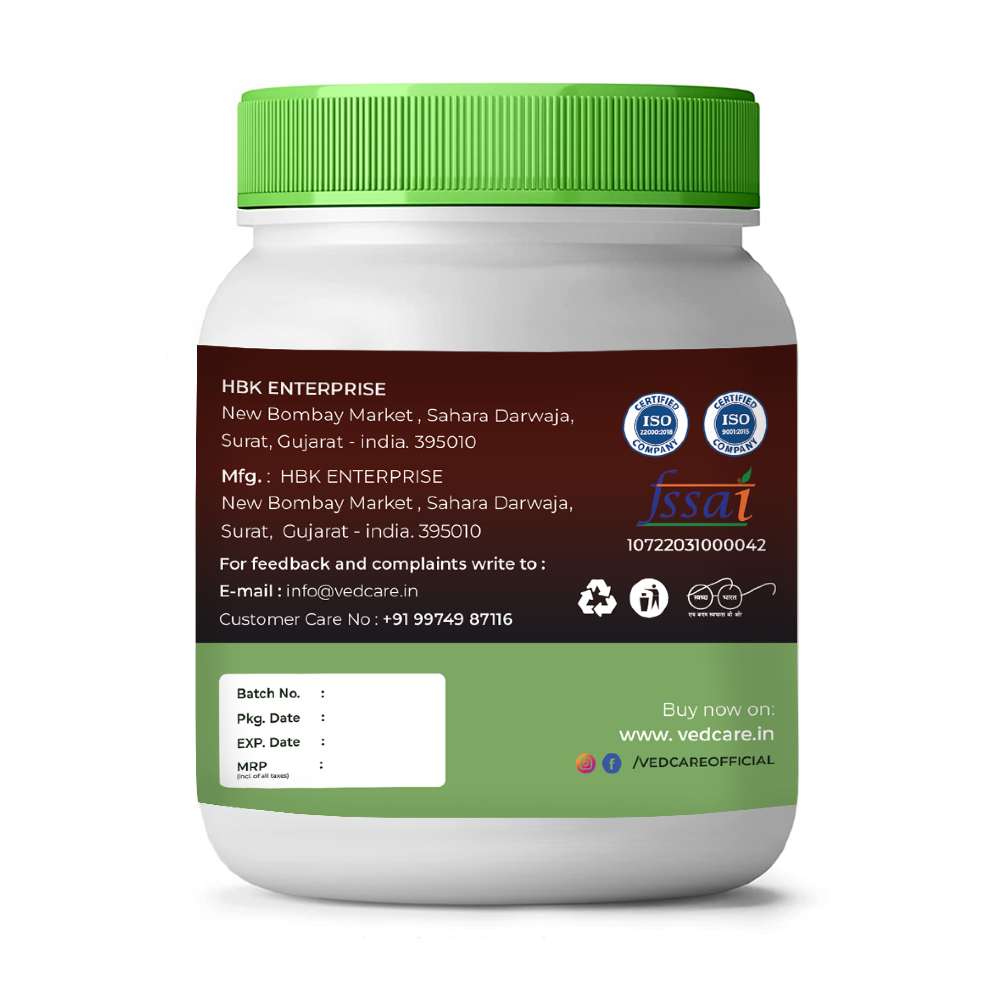 Vedcare supplement jar with green lid and label on a white background