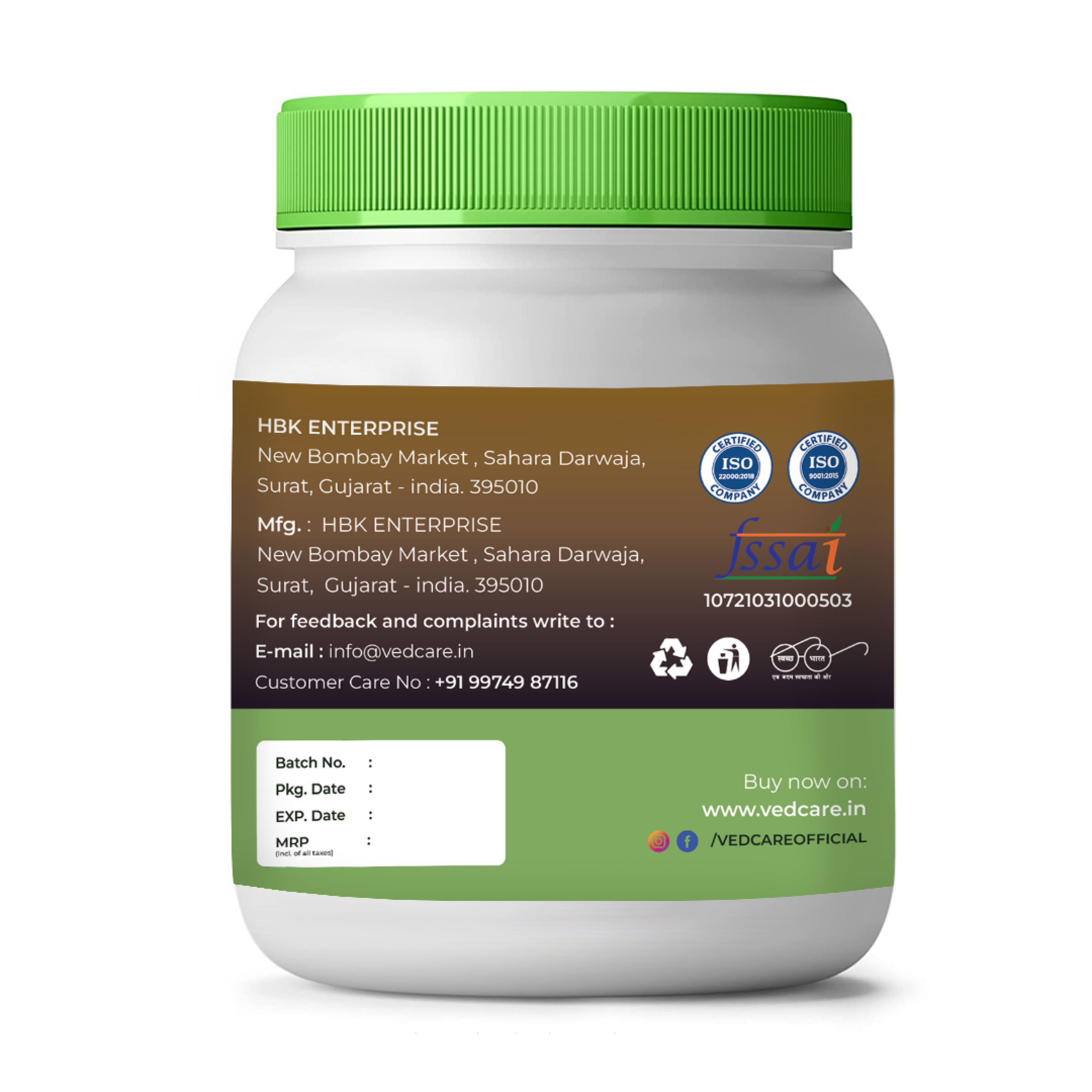 Vedcare supplement jar with green lid and label on a white background