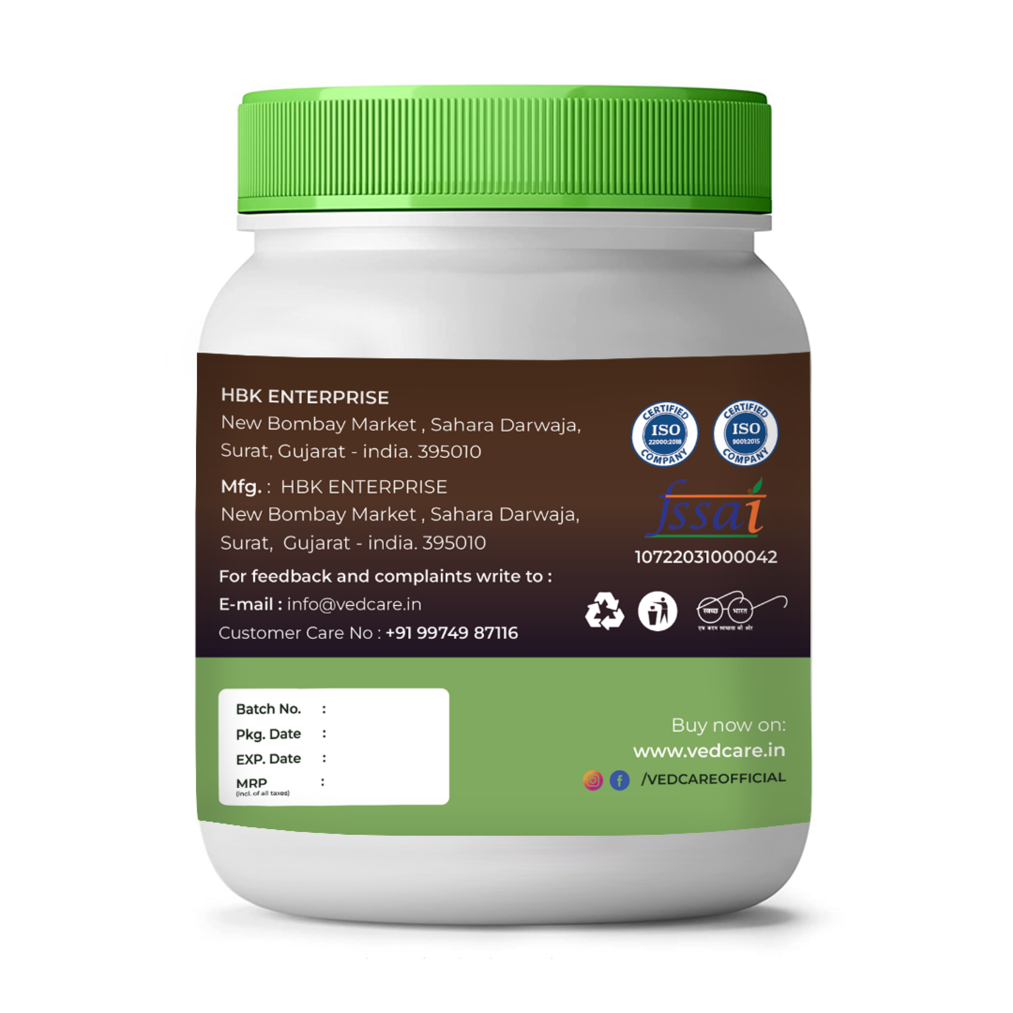 Container with green lid and brown label on a white background