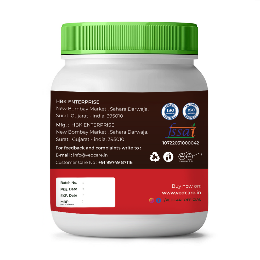 Container with a green lid and brown label on a white background