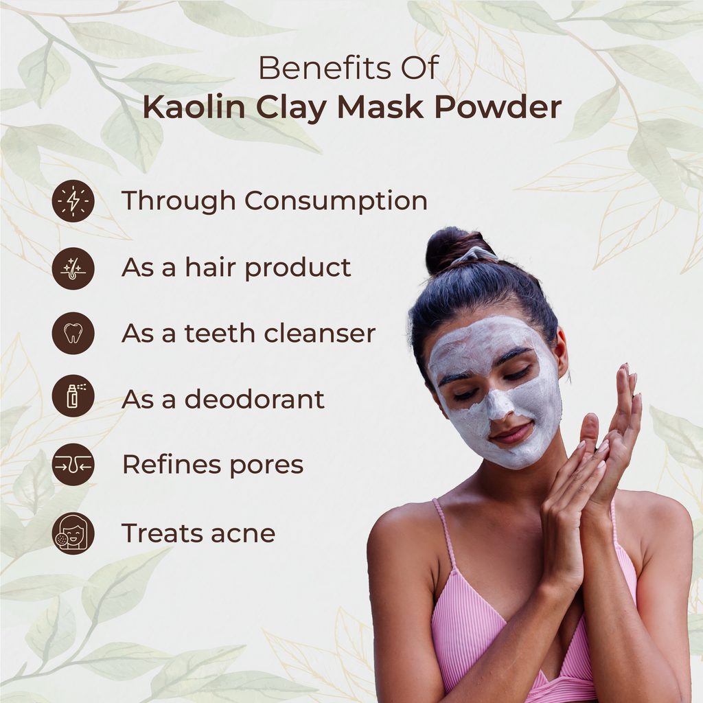 Woman applying kaolin clay mask powder with text listing benefits on a green leafy background