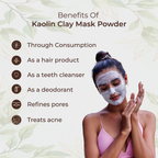 Woman applying kaolin clay mask powder with text listing benefits on a green leafy background