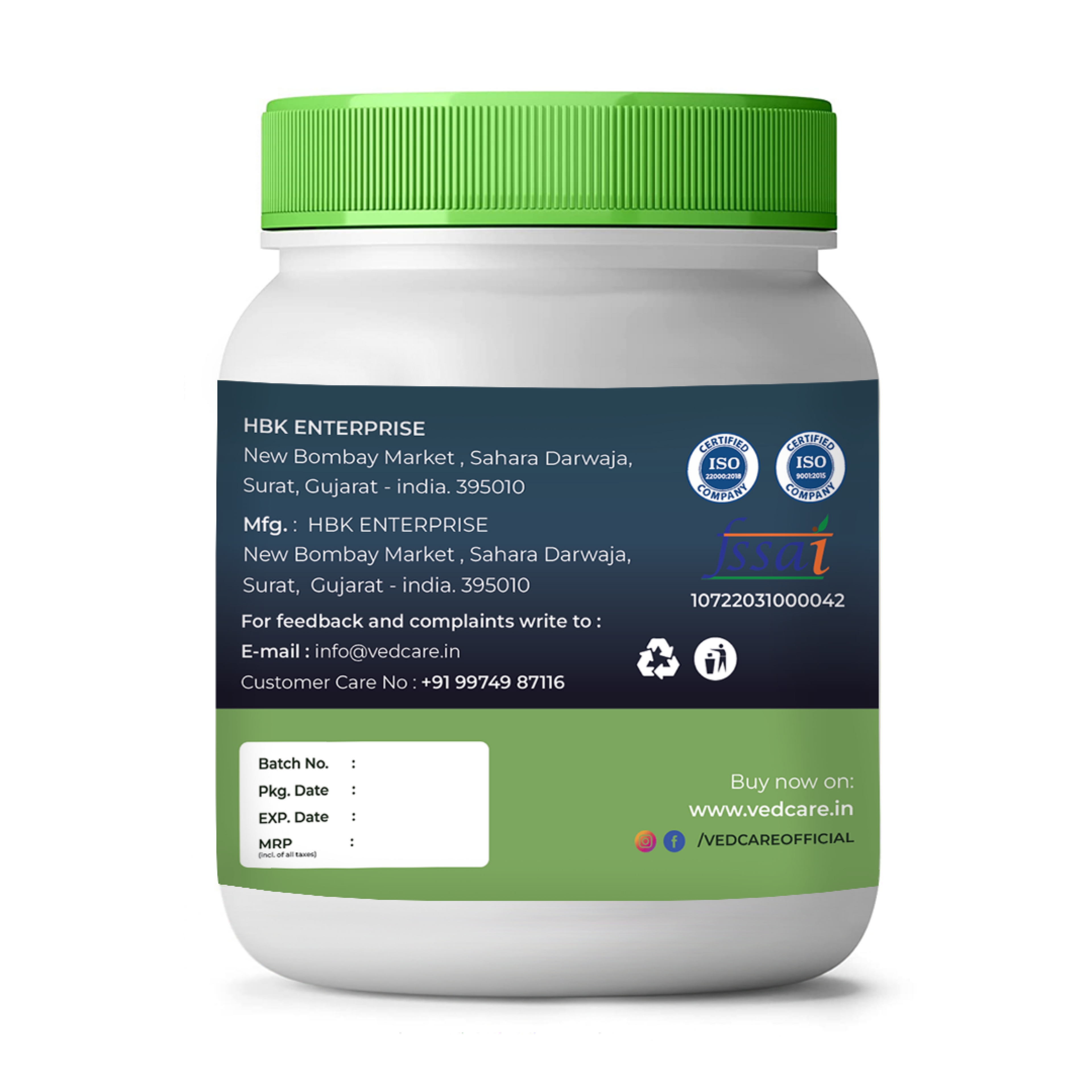 Vedcare supplement container with green lid and label on a white background