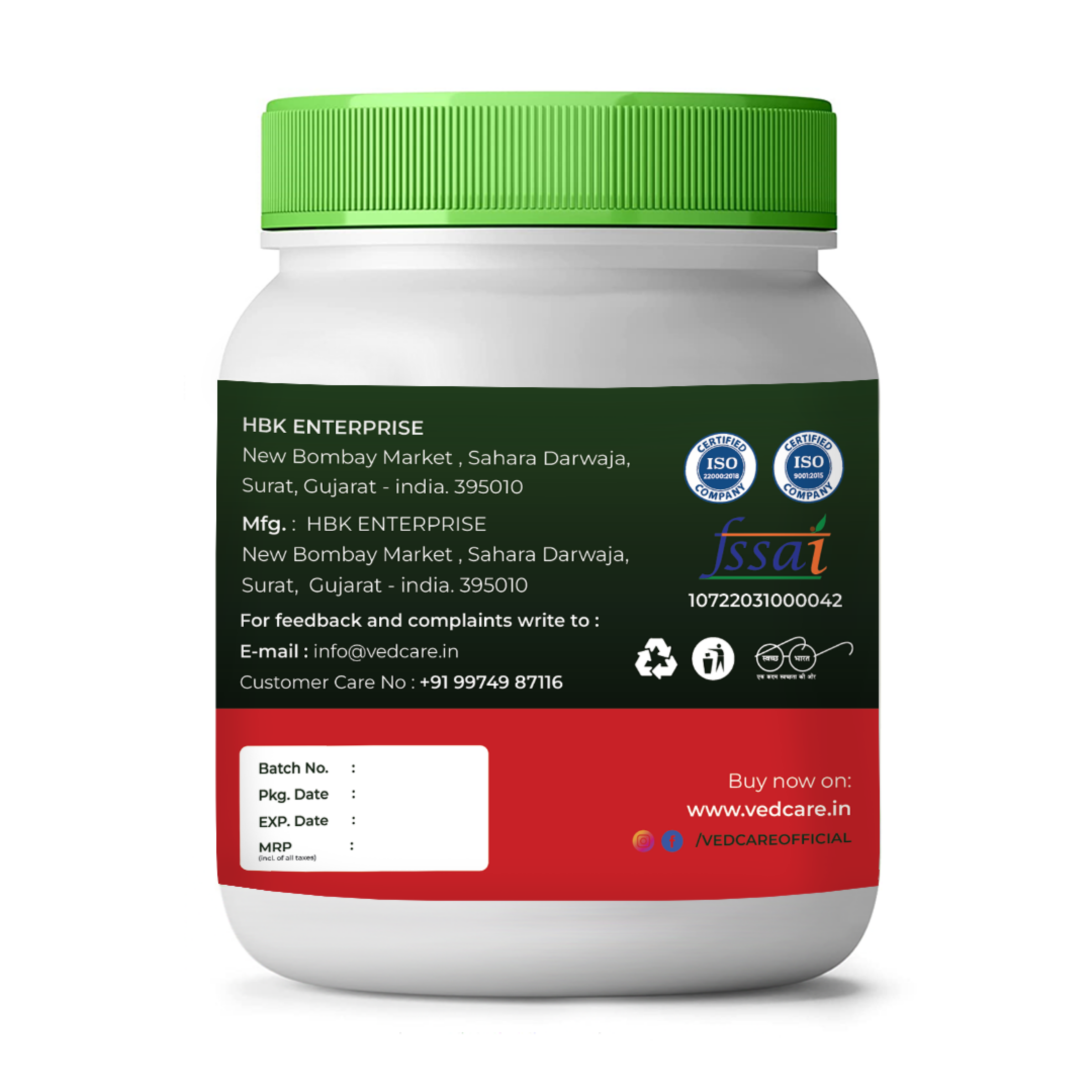 Vedcare supplement jar with green lid and label on a white background