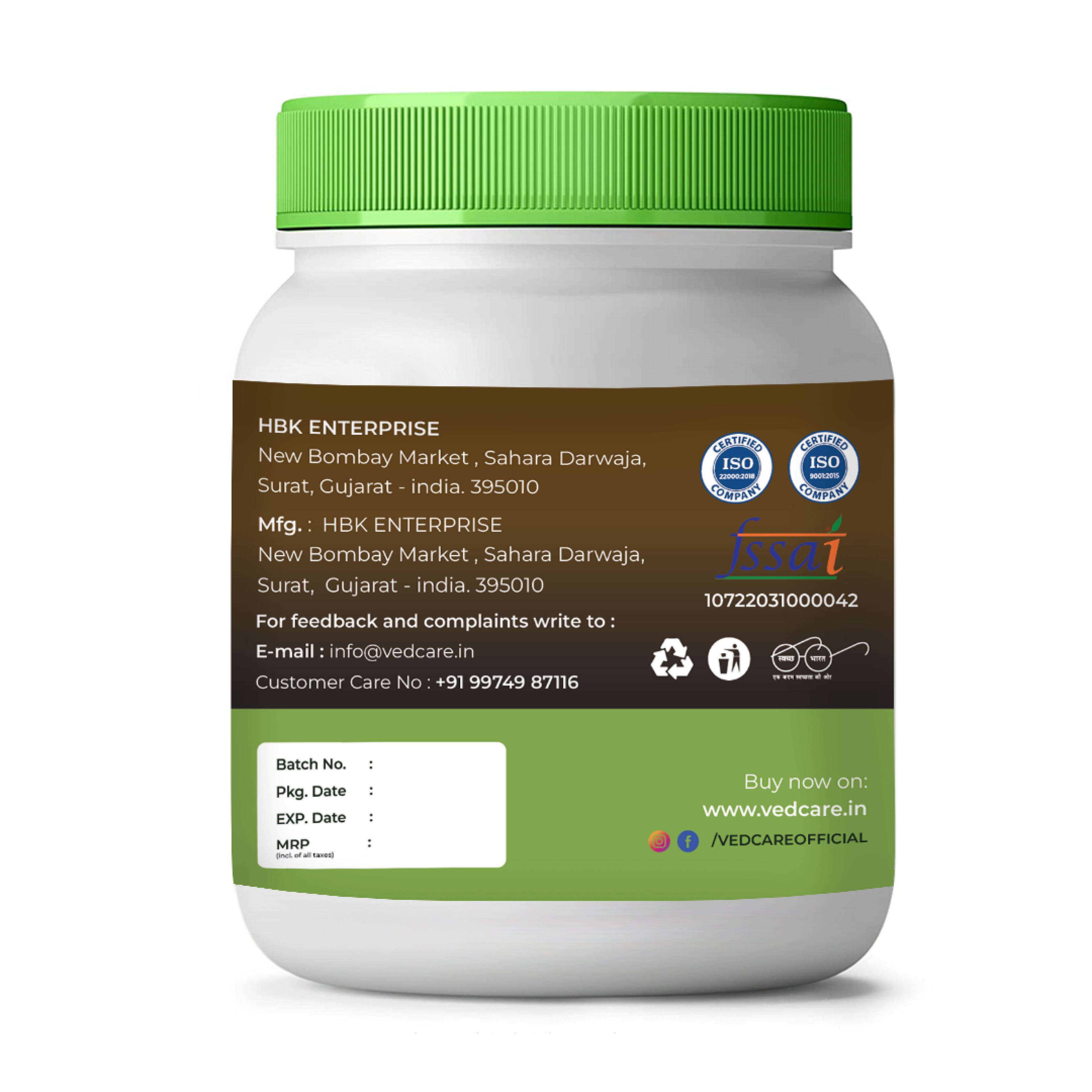 Vedcare supplement jar with green lid and label on a white background