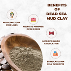 Dead Sea mud clay with benefits listed on a white background