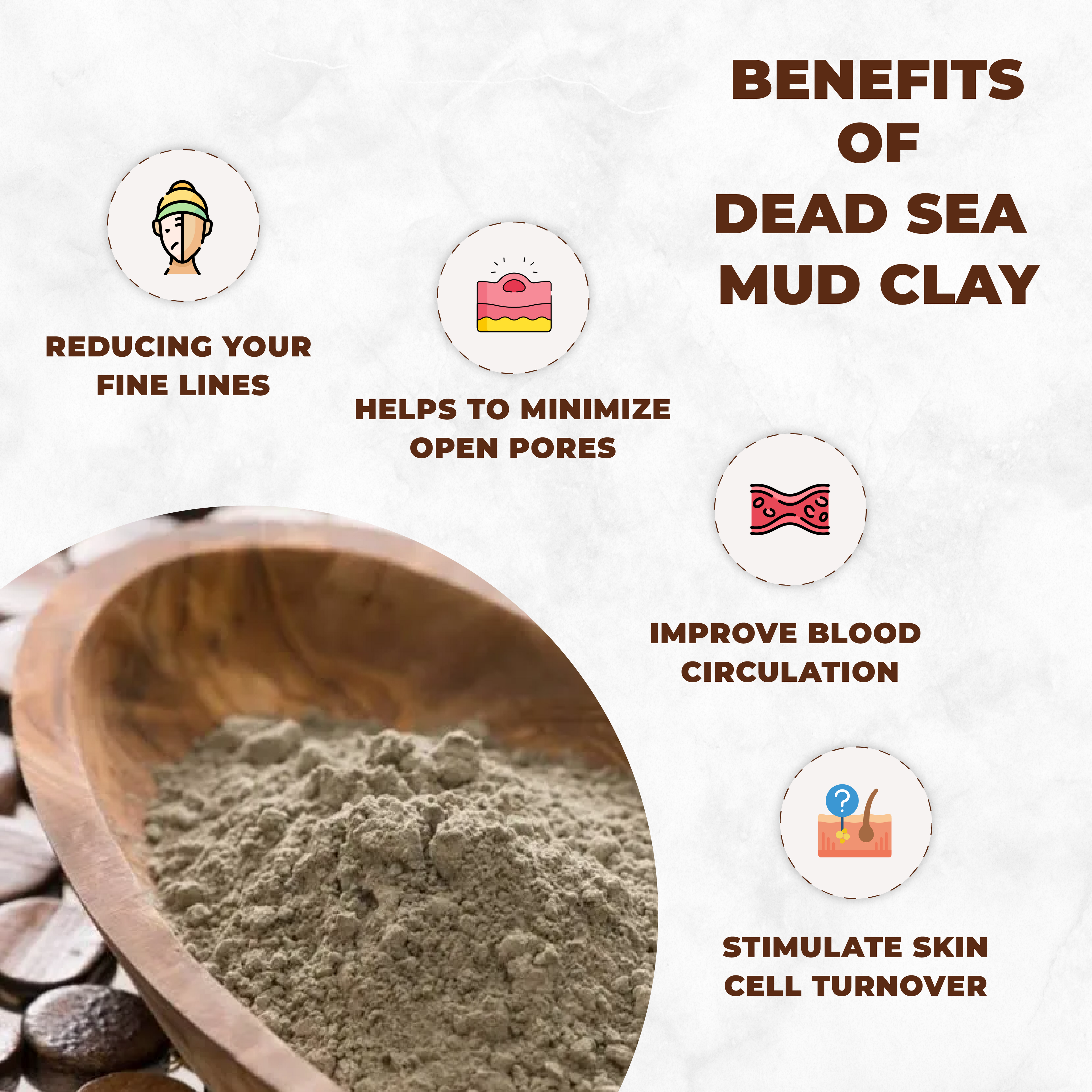 Dead Sea mud clay with benefits listed on a white background