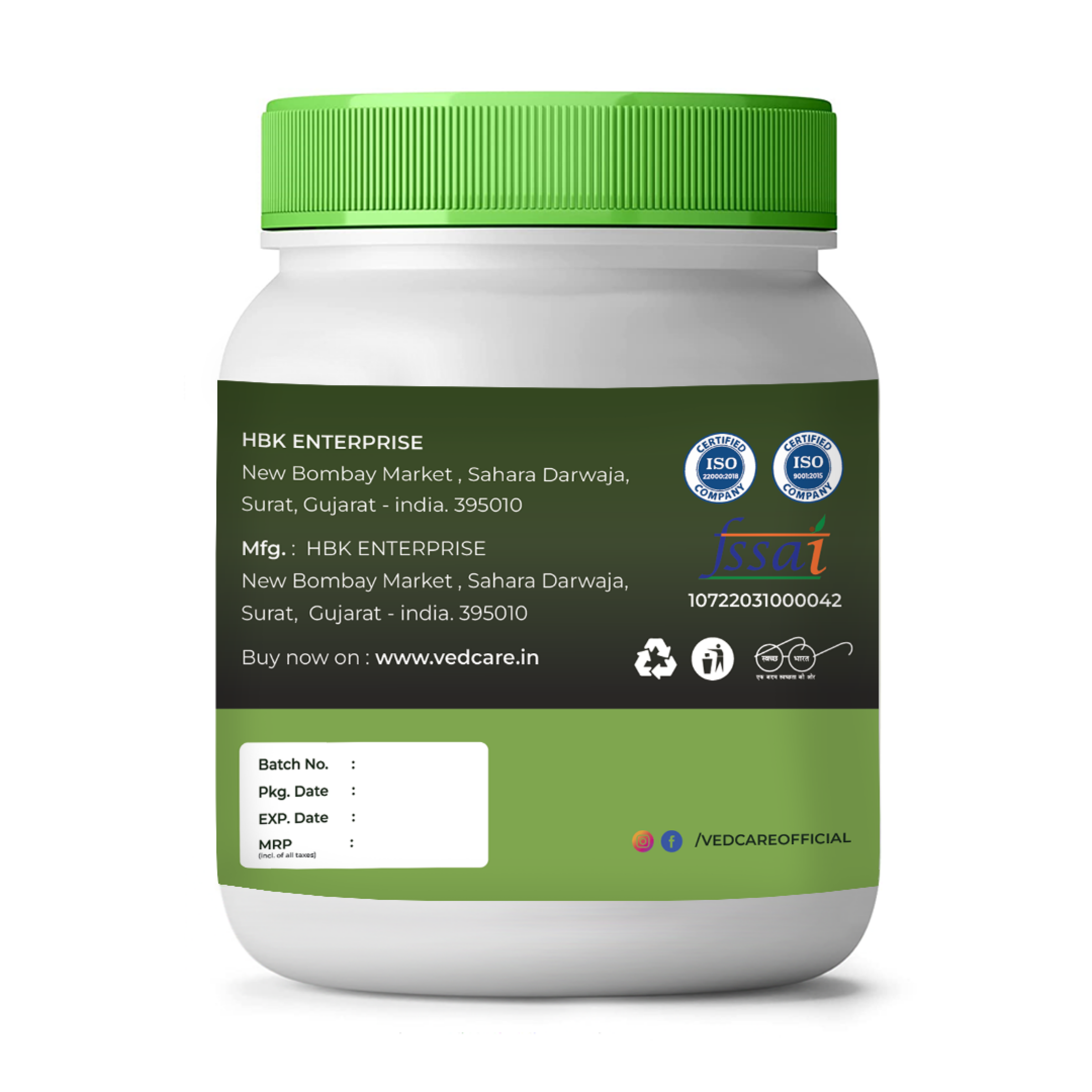 Vedcare supplement container with green lid and label on a white background