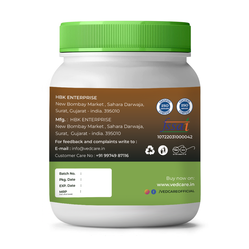 Vedcare supplement jar with green lid and label on a white background