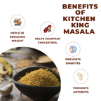 Promotional graphic for Kitchen King Masala with health benefits listed and a bowl of spice.