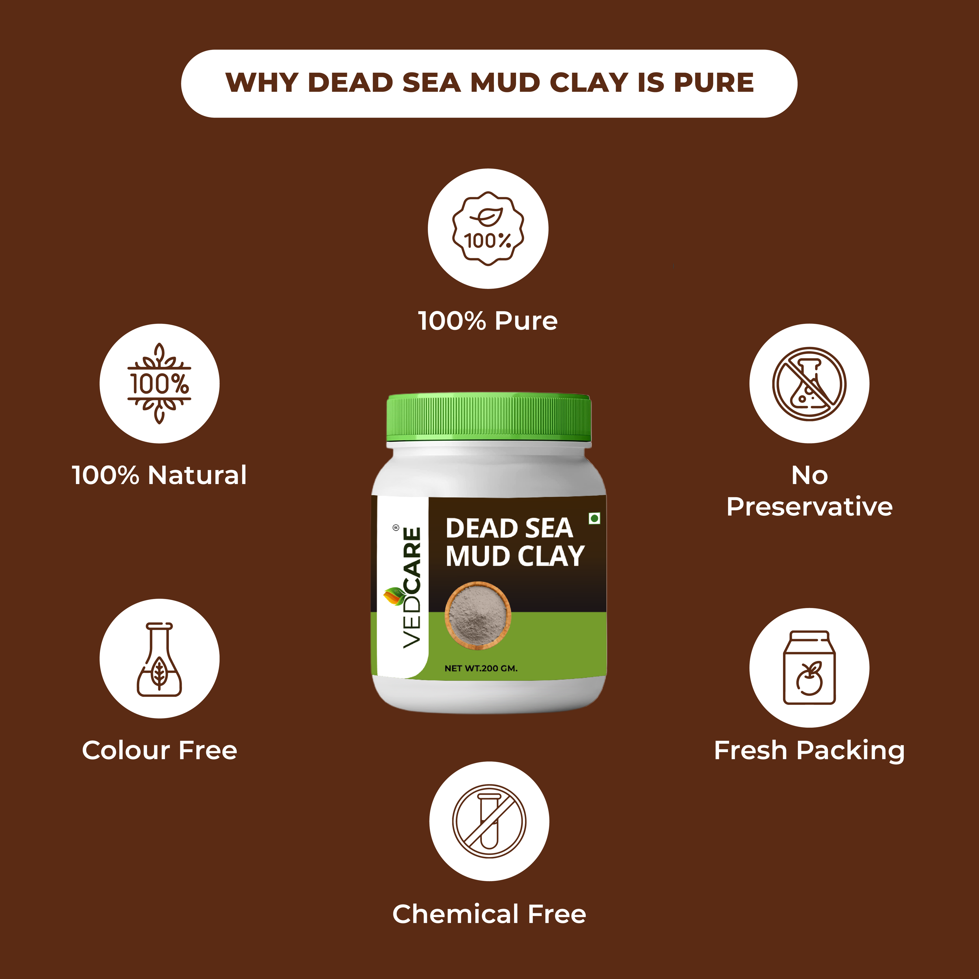 Velcure Dead Sea Mud Clay packaging with health benefits on a brown background
