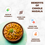 Chole masala dish with health benefits listed on a light background