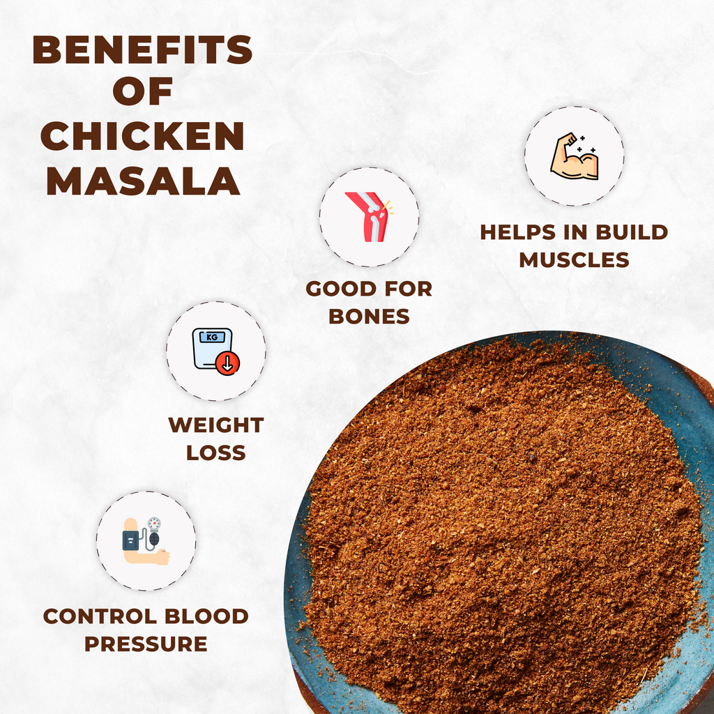 Chicken masala powder with health benefits listed on a white background