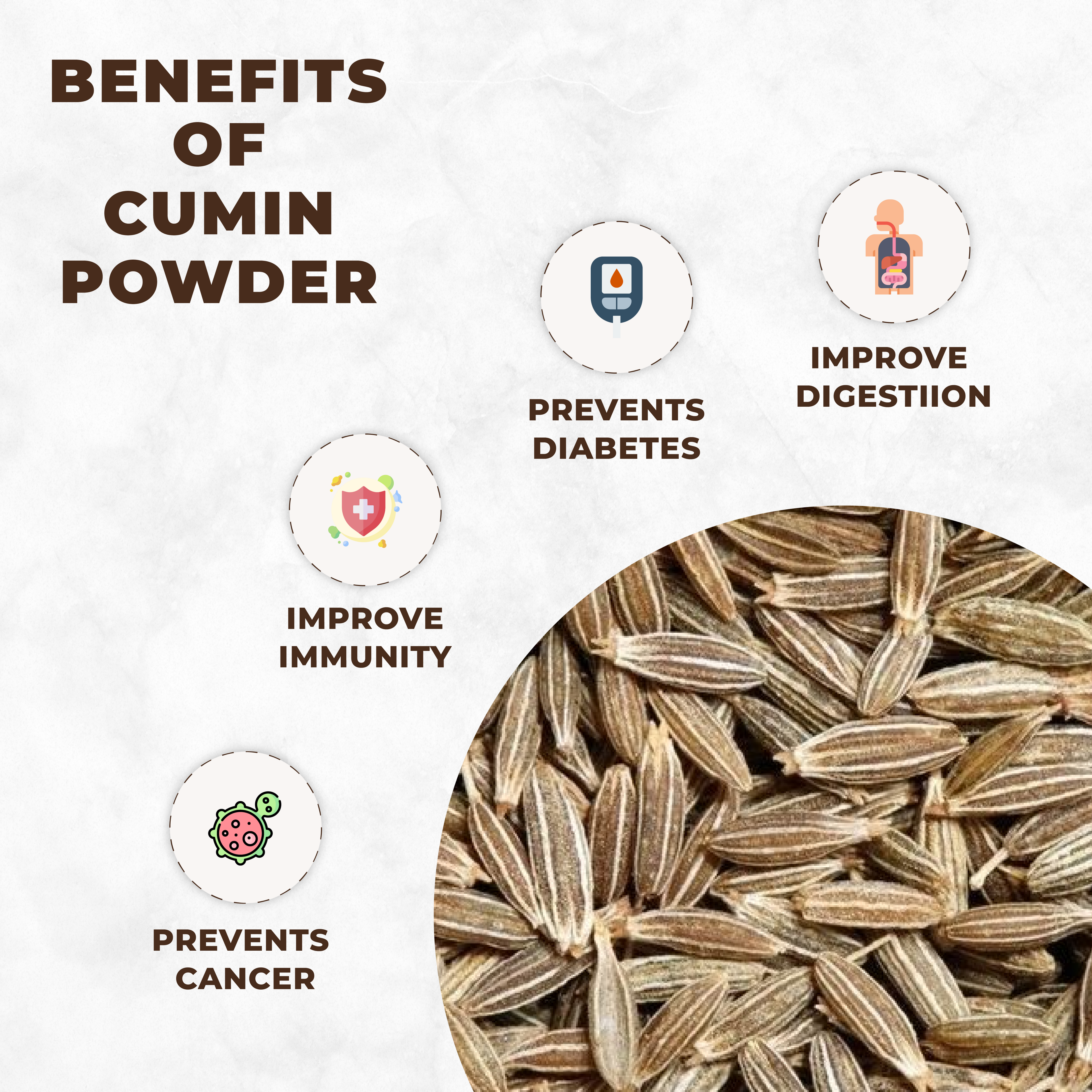Cumin seeds with benefits listed on a white background