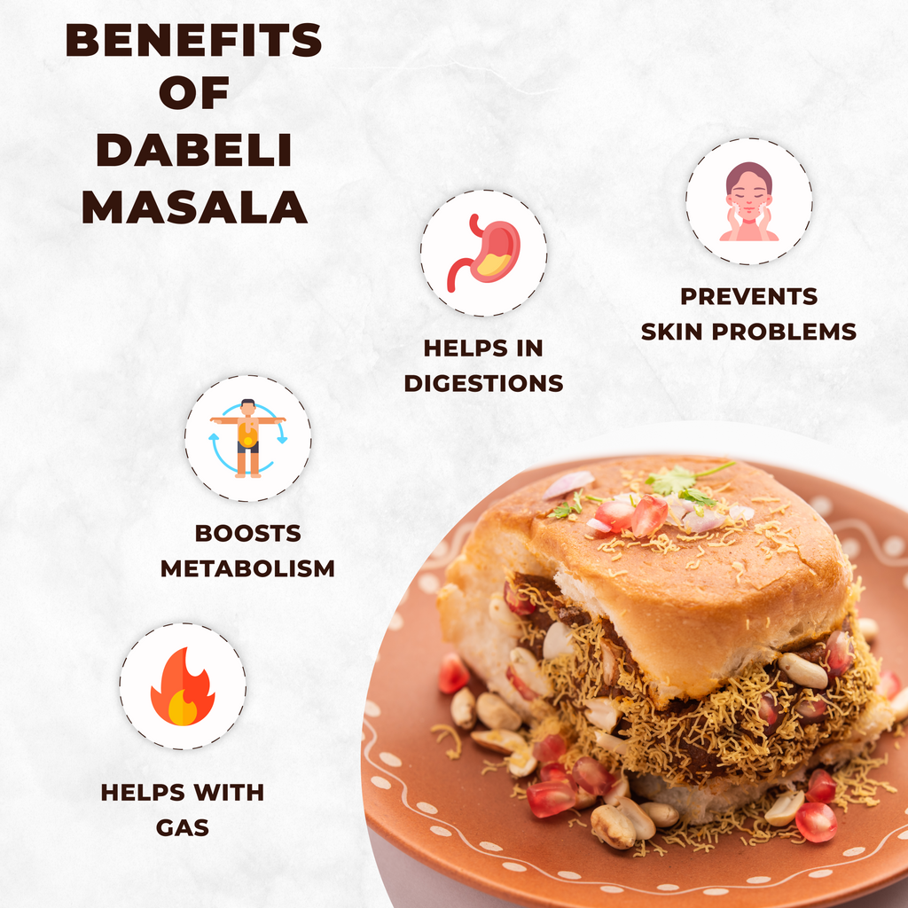 Dabeli on a plate with health benefits listed on a white background