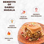 Dabeli on a plate with health benefits listed on a white background