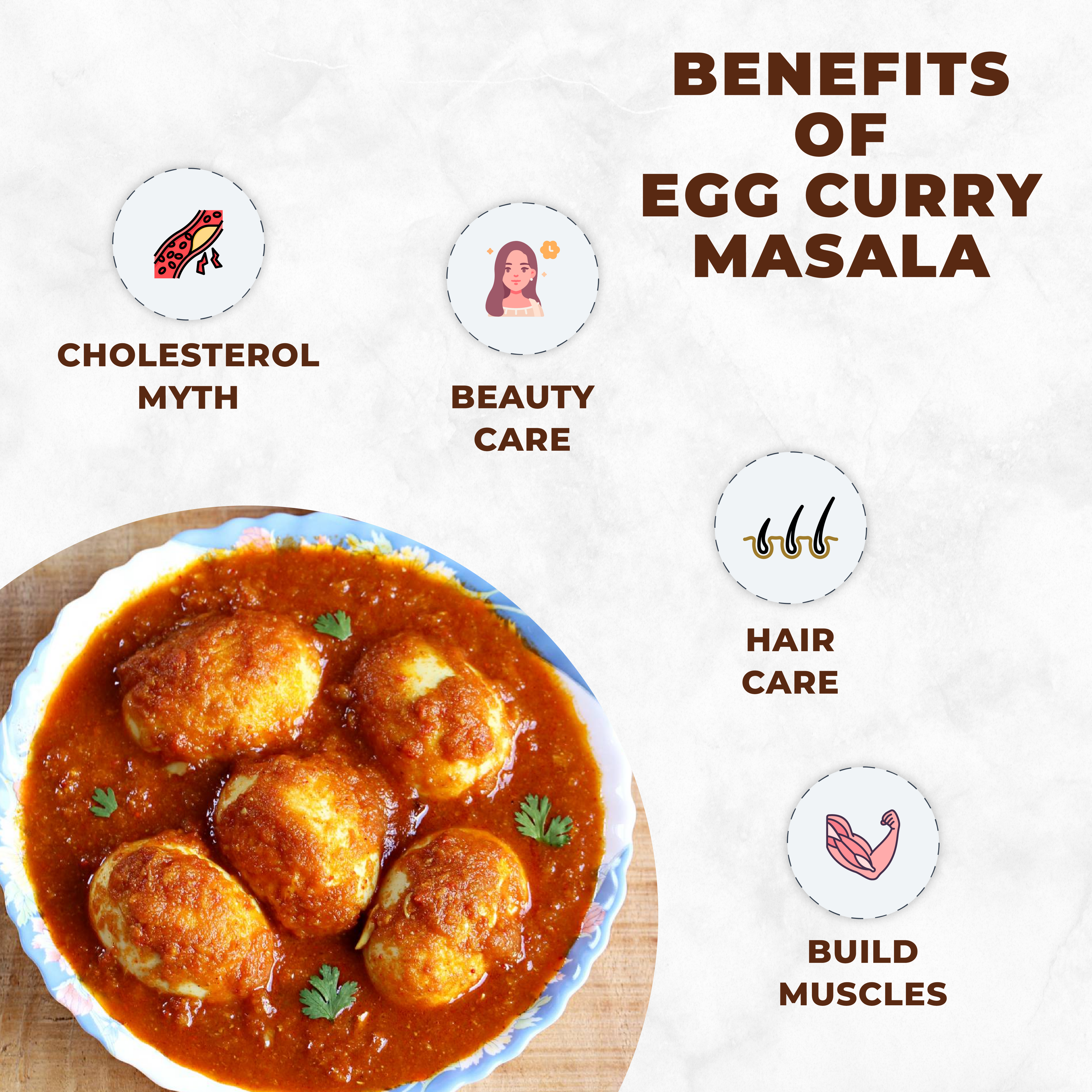 Egg curry masala with text on benefits on a white background