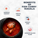 Fish curry masala with text highlighting its benefits on a white background