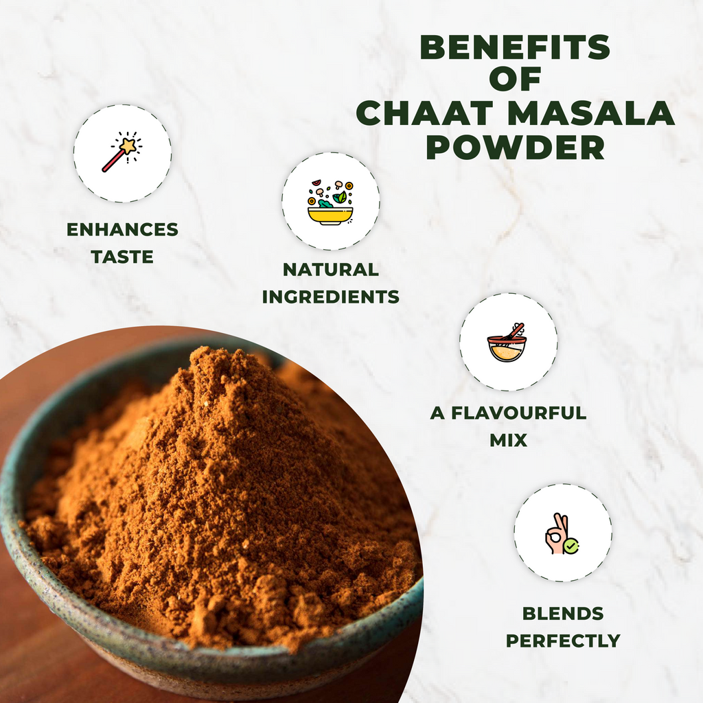 Bowl of chaat masala powder with benefits listed on a white background