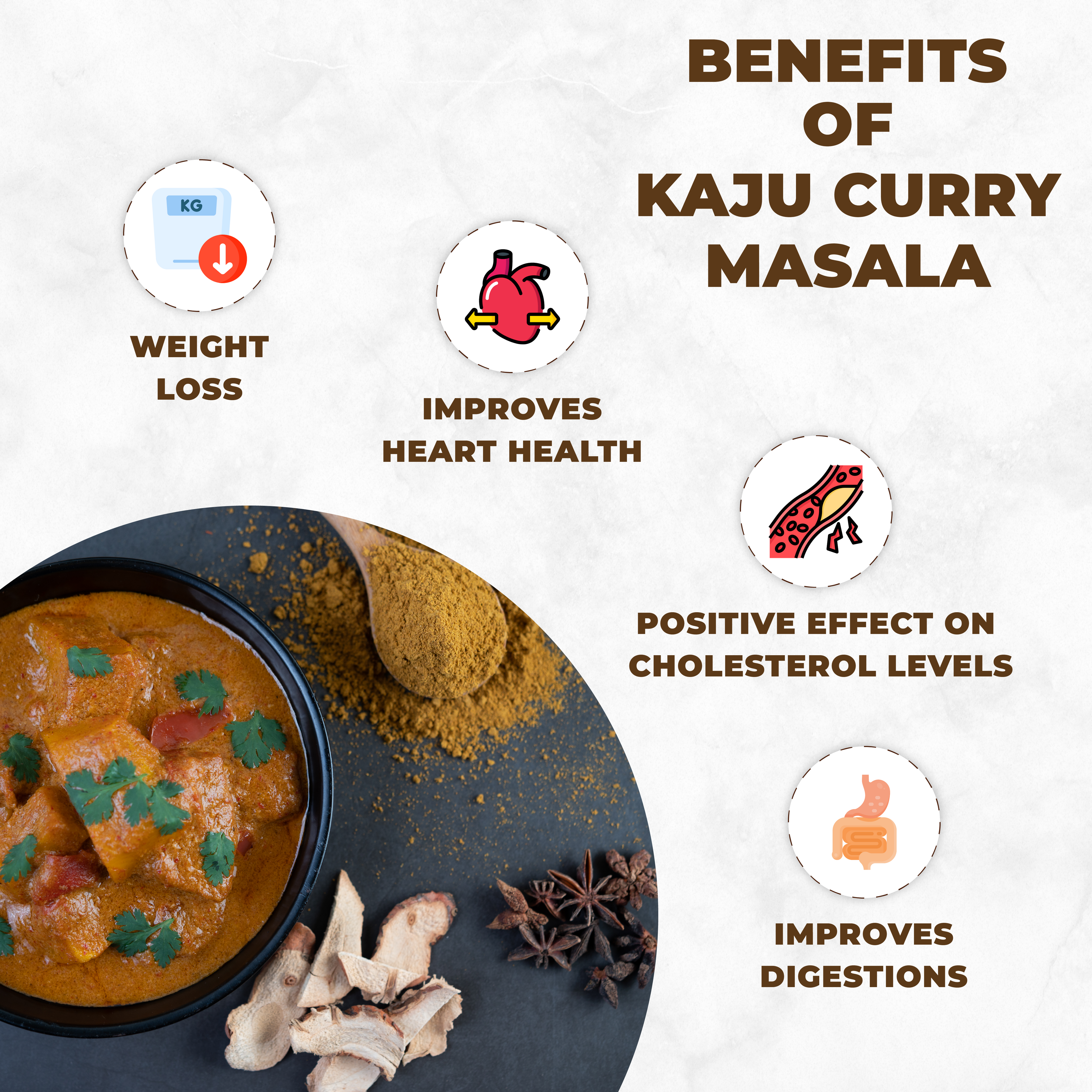 Kaju curry masala with health benefits listed on a white background