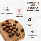 Reetha powder with benefits listed on a white background