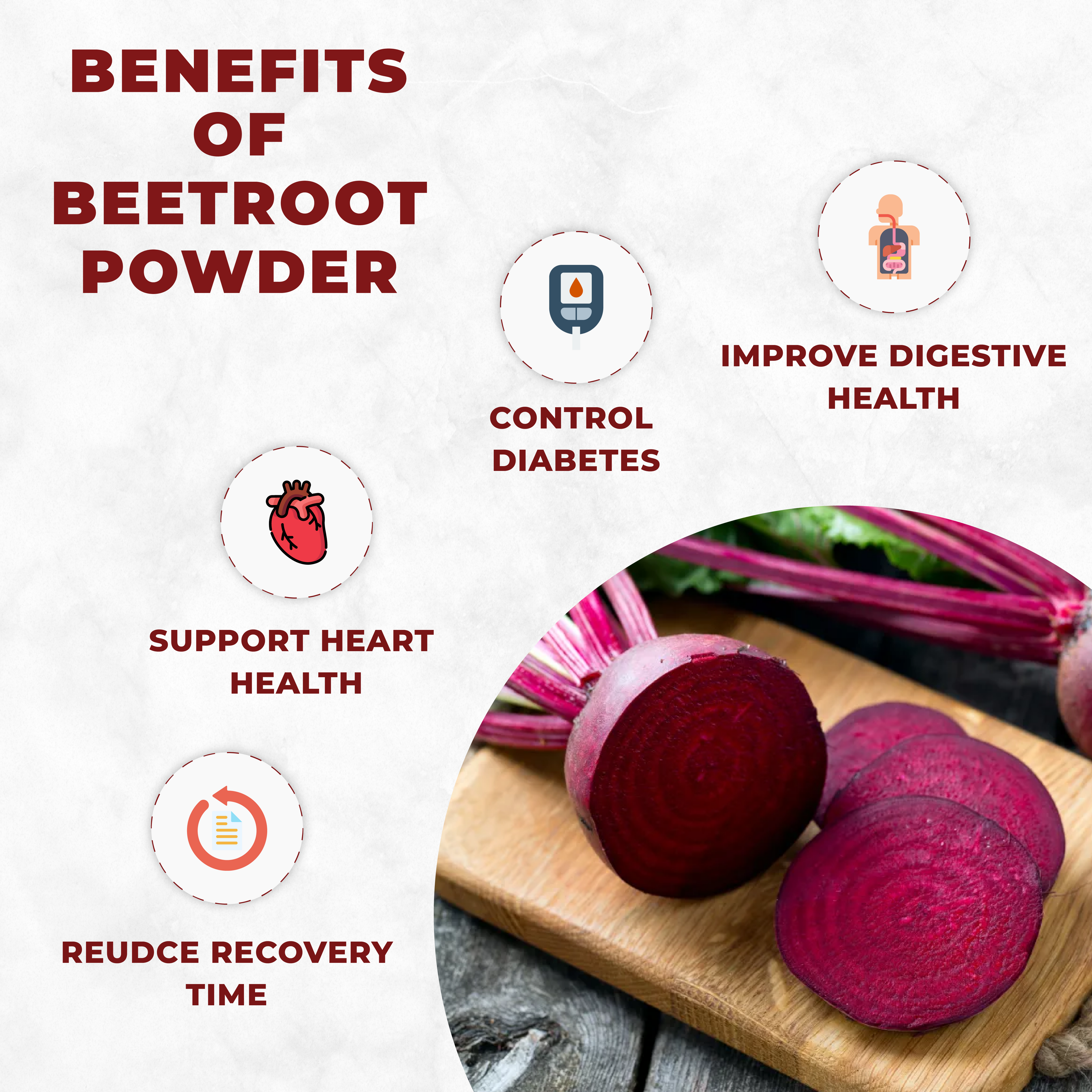 Infographic on the benefits of beetroot powder with images and text.