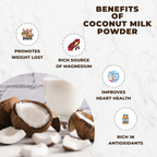Coconut milk powder benefits with coconuts and a glass on a marble background