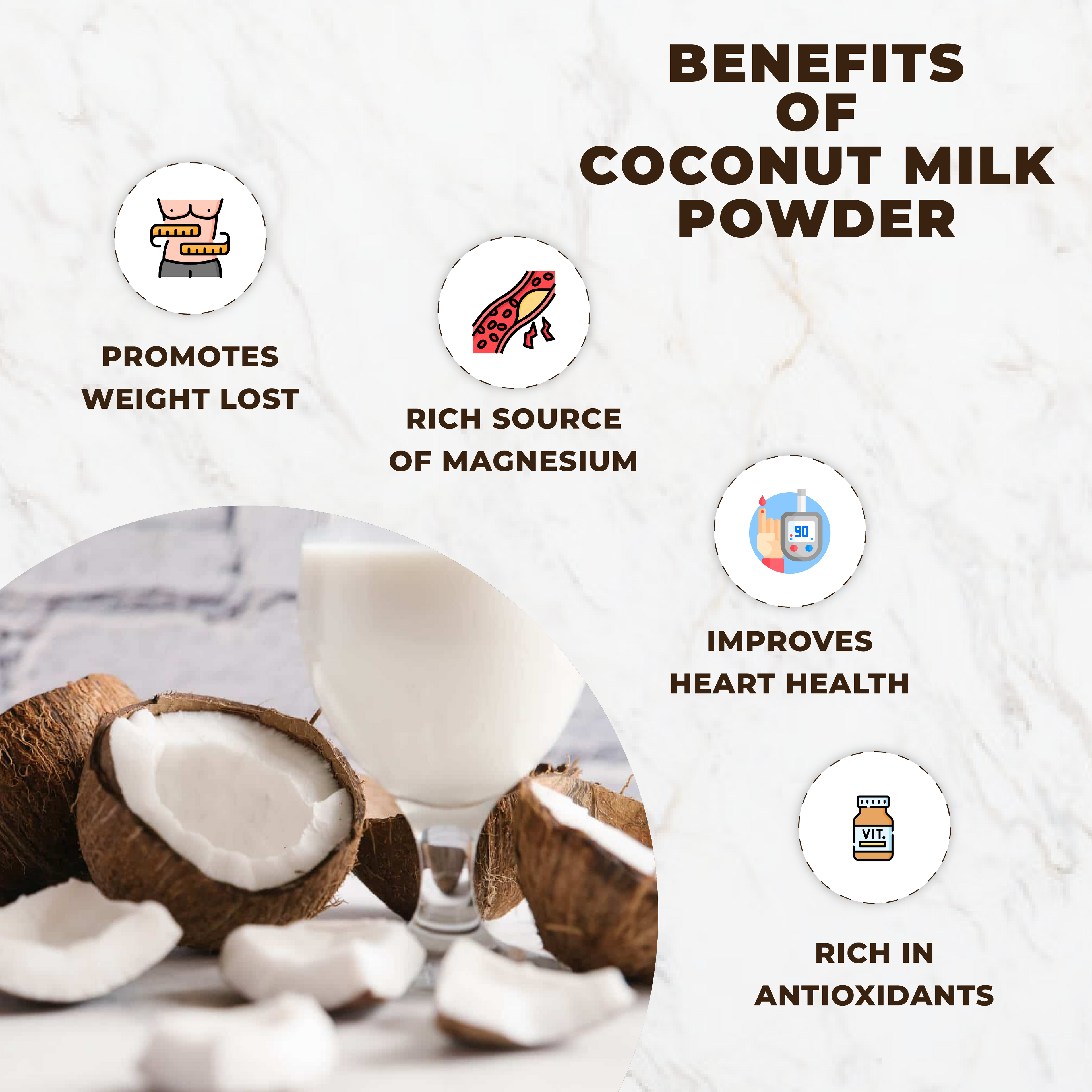 Coconut milk powder benefits with coconuts and a glass on a marble background