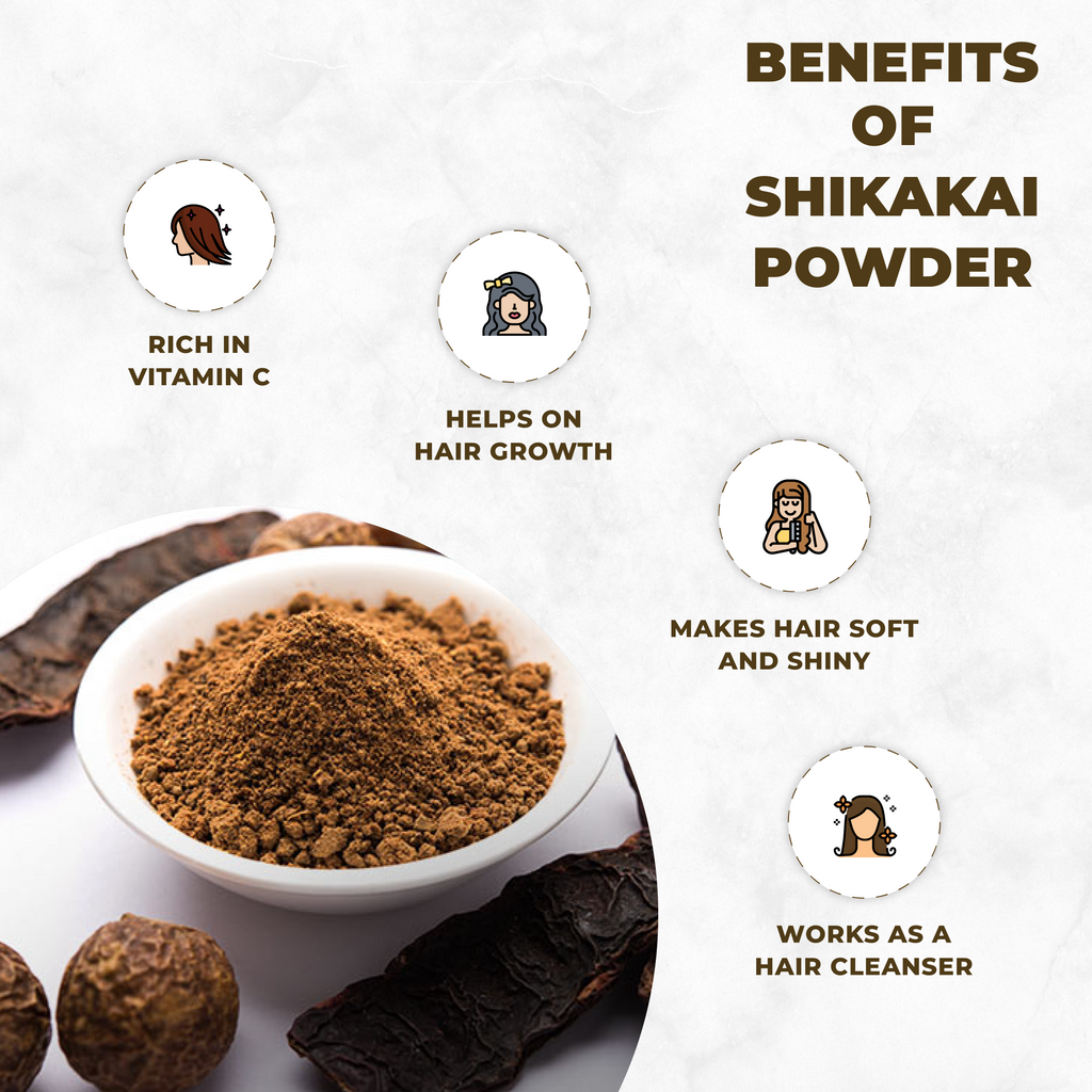Shikakai powder in a bowl with benefits listed on a white background