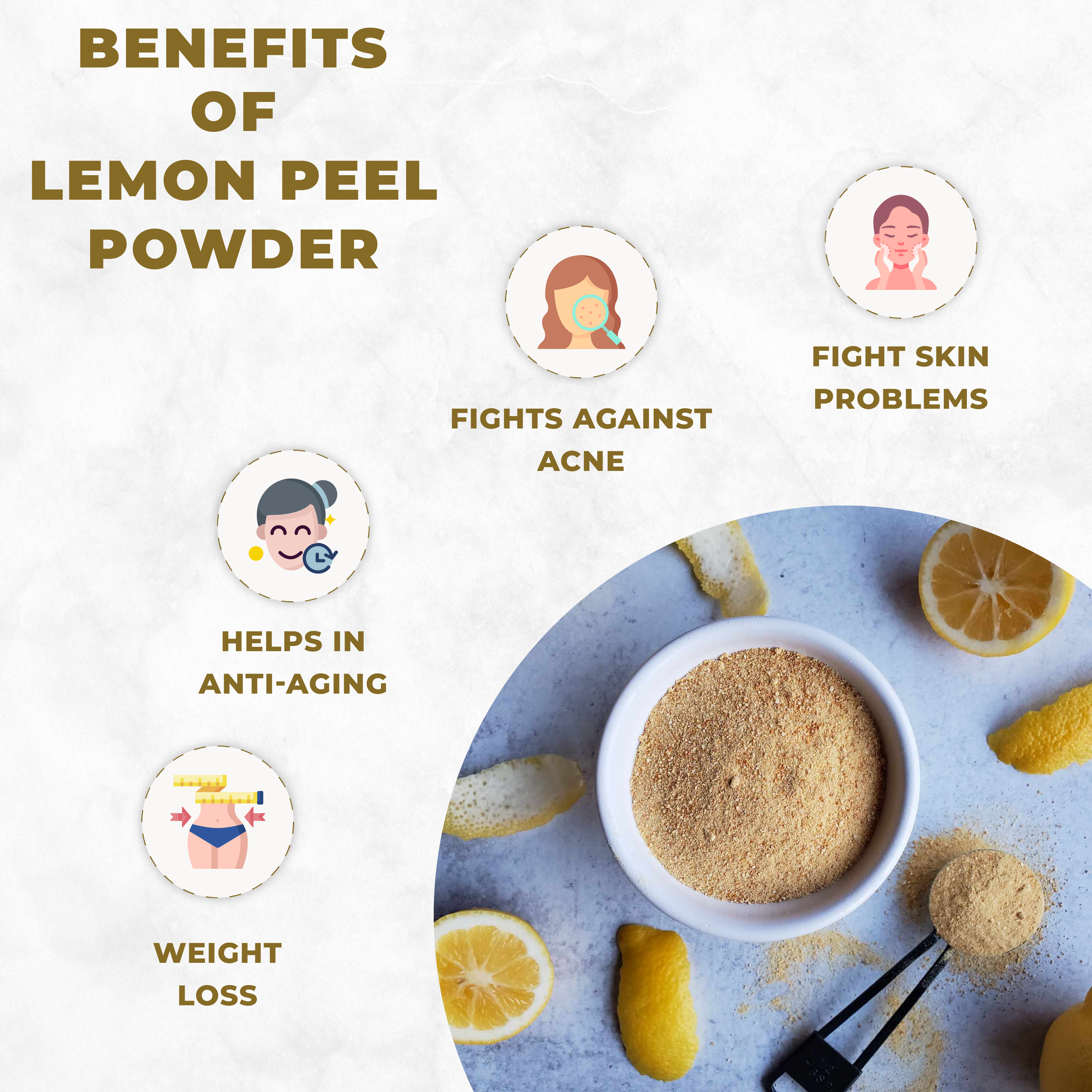 Benefits of lemon peel powder with a bowl of powder and lemons on a light background