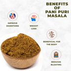 Bowl of Pani Puri Masala with health benefits listed on a white background