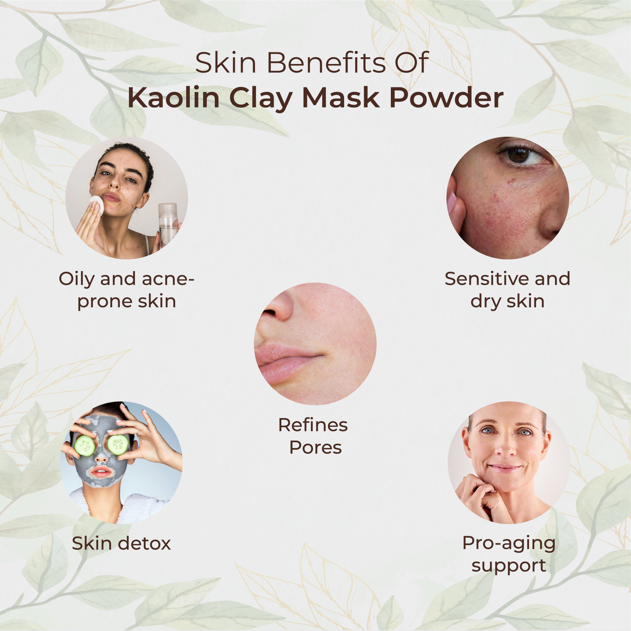 Promotional graphic detailing the skin benefits of kaolin clay mask powder.