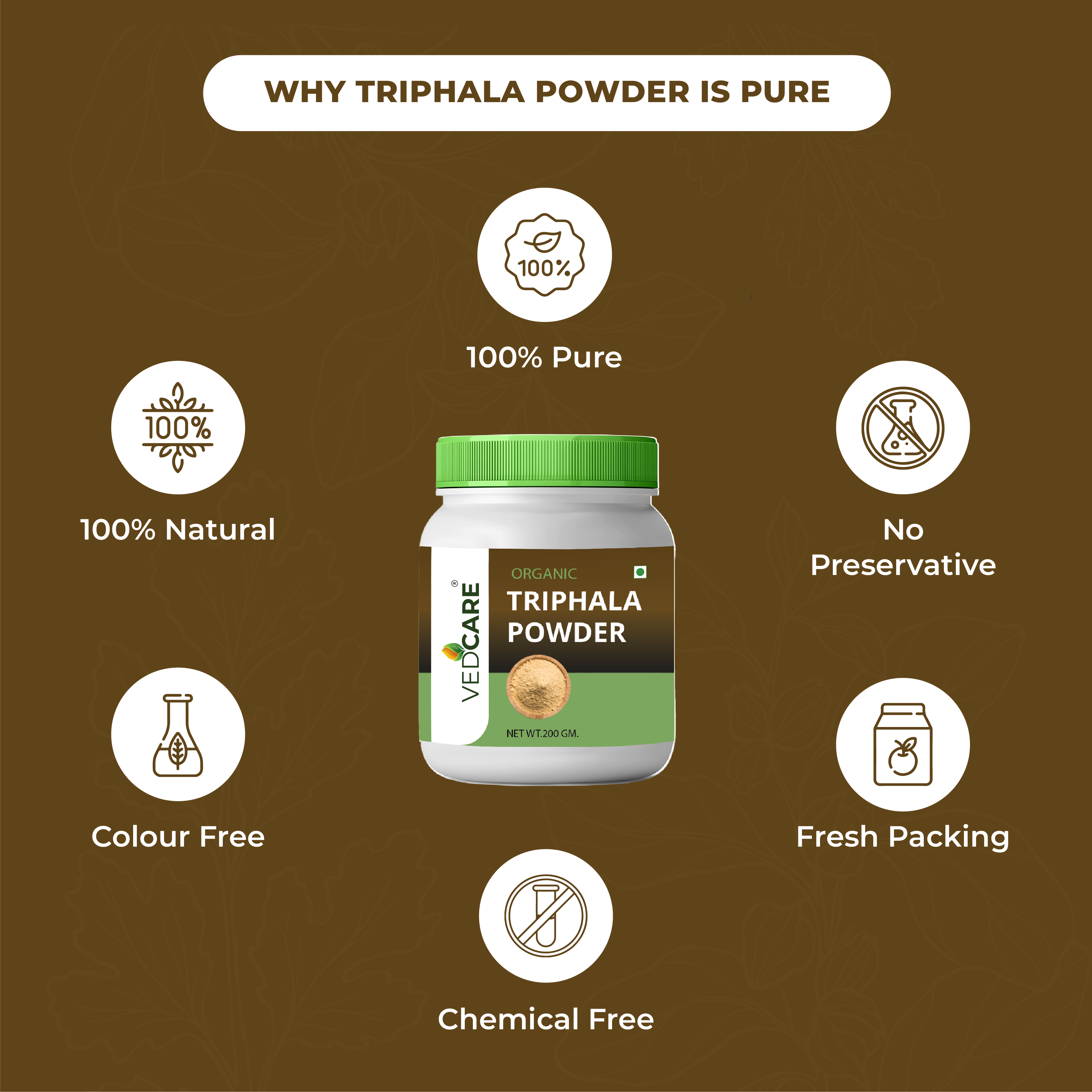 Velicare Triphala Powder jar with health benefits on a brown background