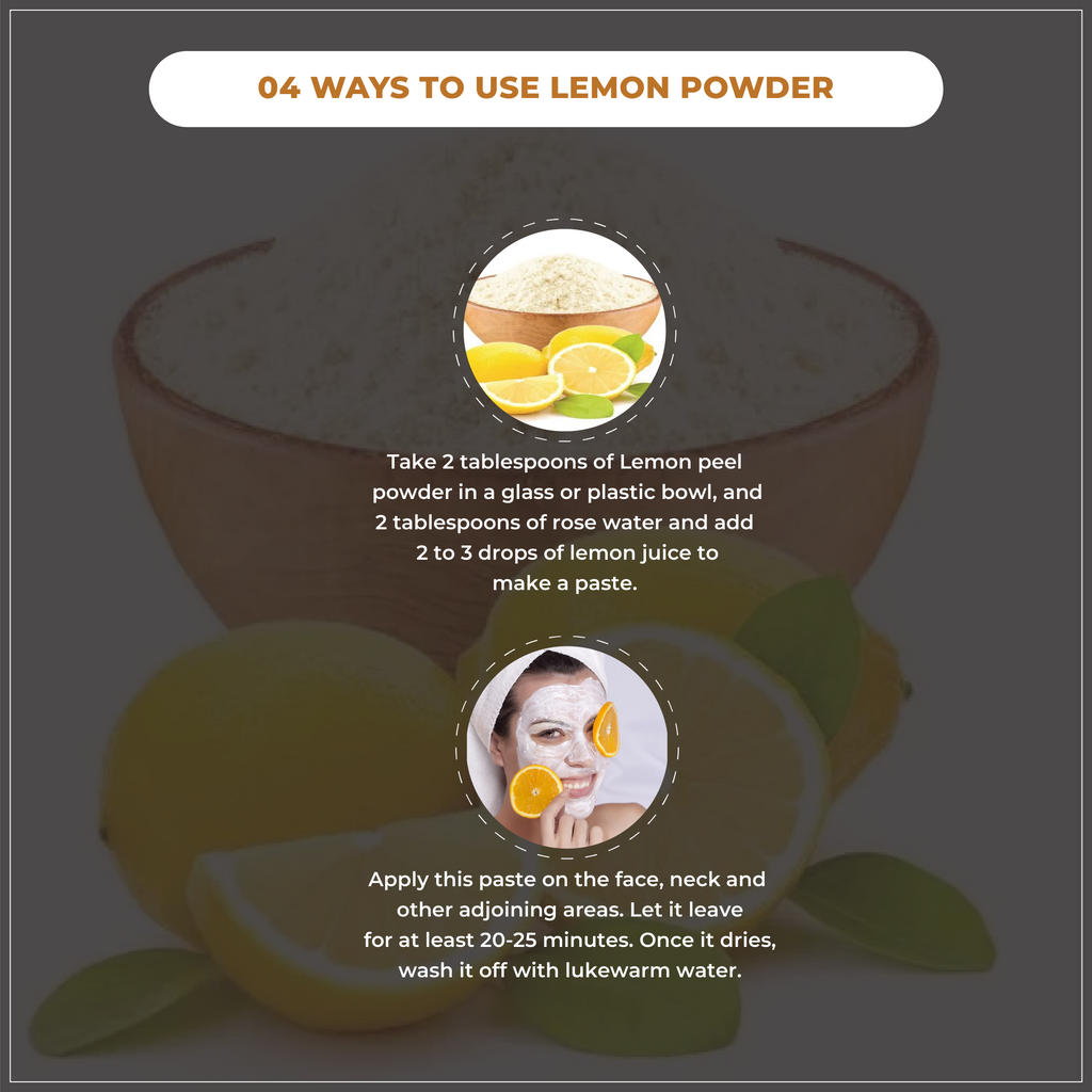 Instructions on using lemon powder with images of lemons and a bowl.
