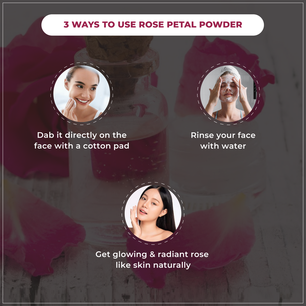 Instructions on using rose petal powder with a jar of powder in the background.