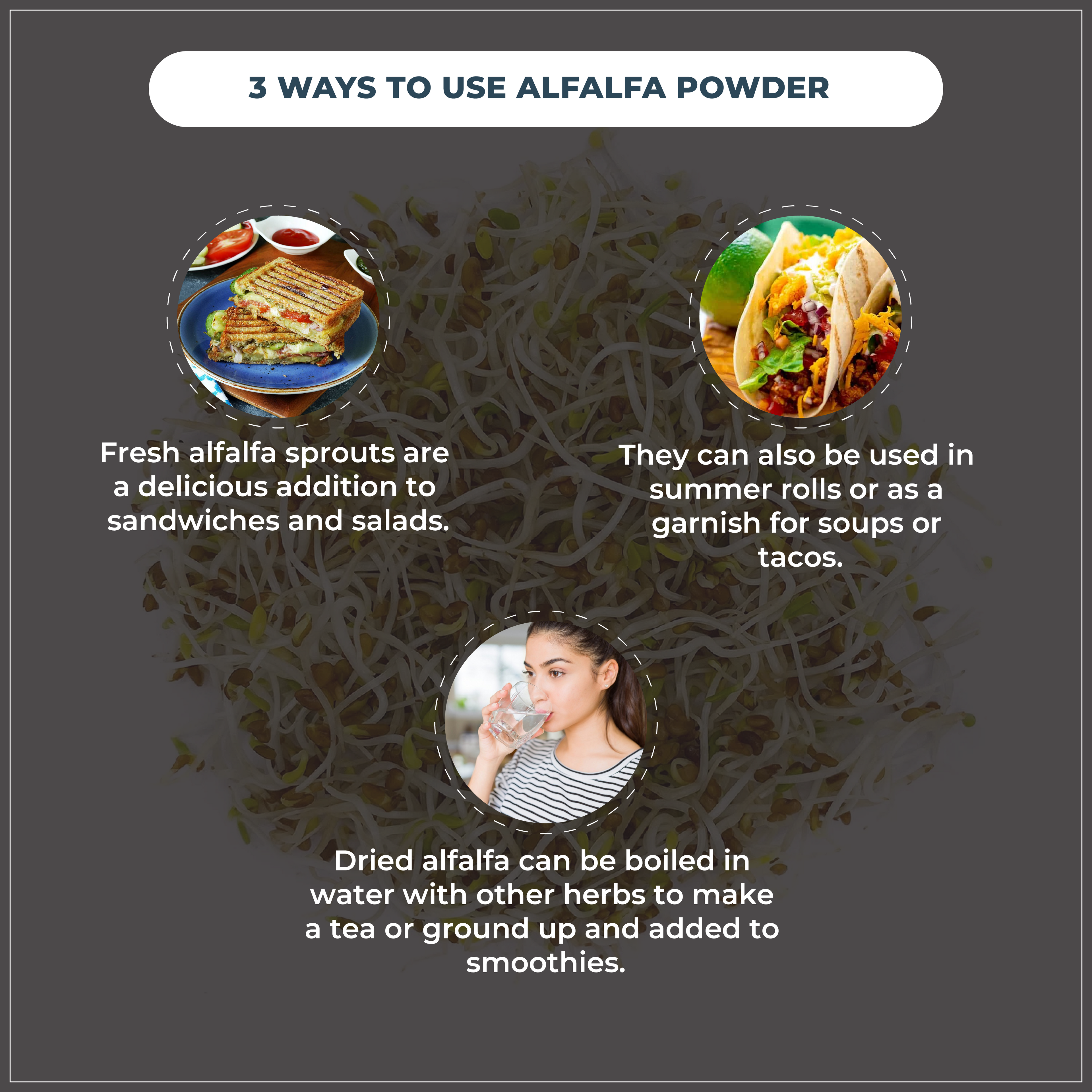 Three ways to use alfalfa powder with images and text on a dark background