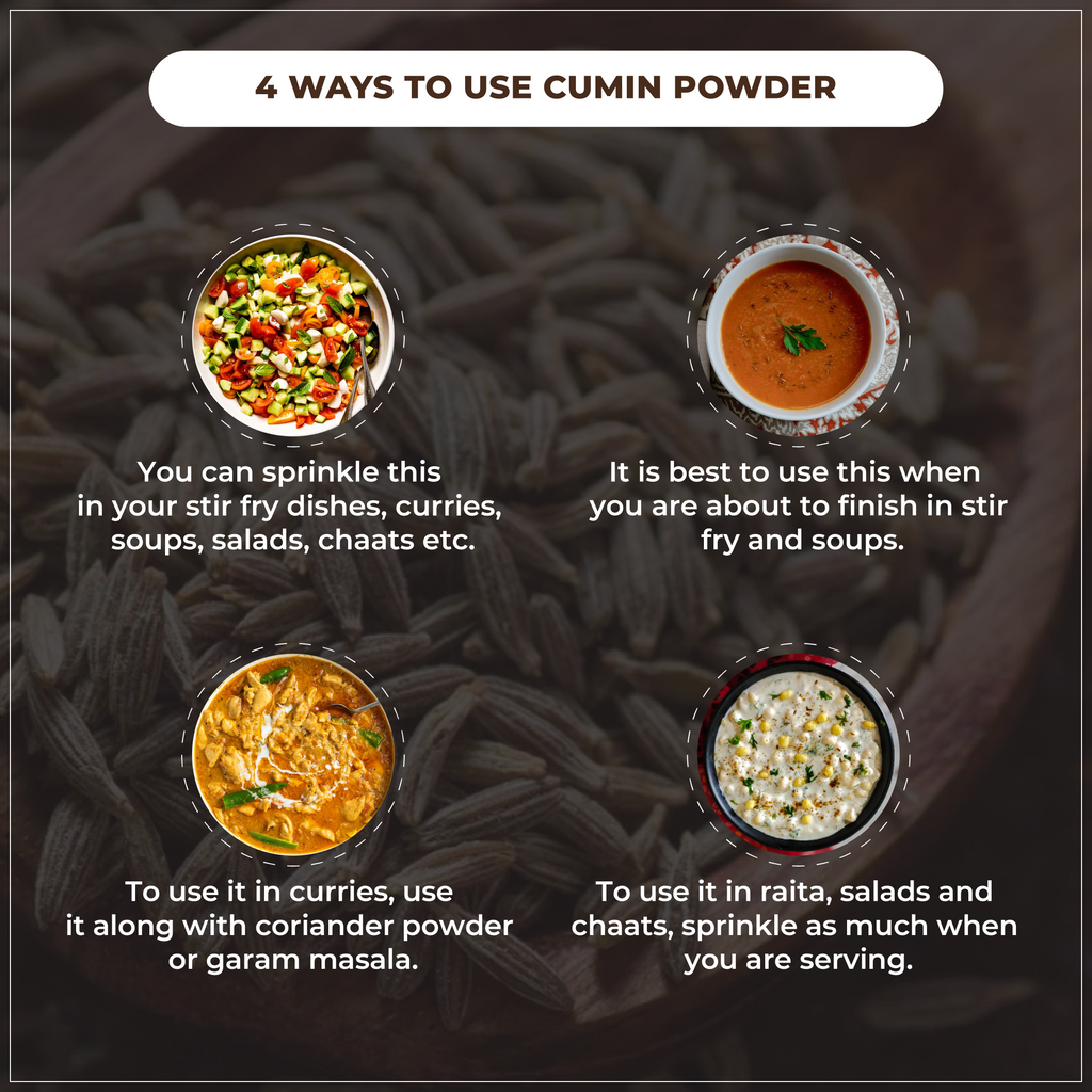 Four ways to use cumin powder with corresponding dishes on a dark background