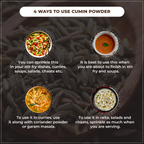Four ways to use cumin powder with corresponding dishes on a dark background