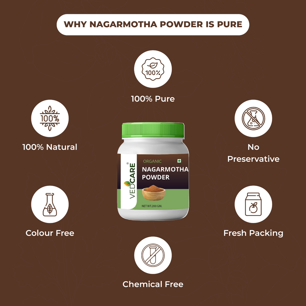 Vedicare Nagarmotha Powder jar with health benefits on a brown background