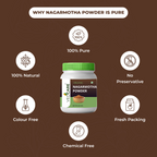 Vedicare Nagarmotha Powder jar with health benefits on a brown background