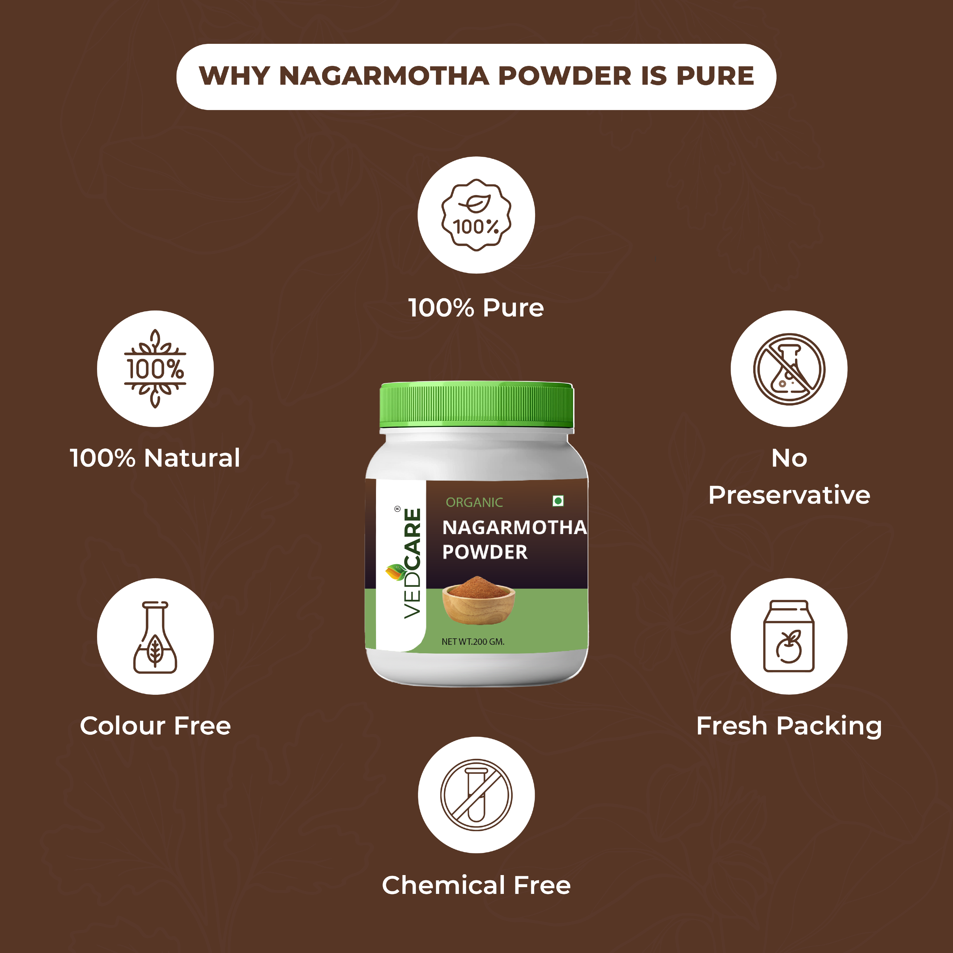 Vedicare Nagarmotha Powder jar with health benefits on a brown background