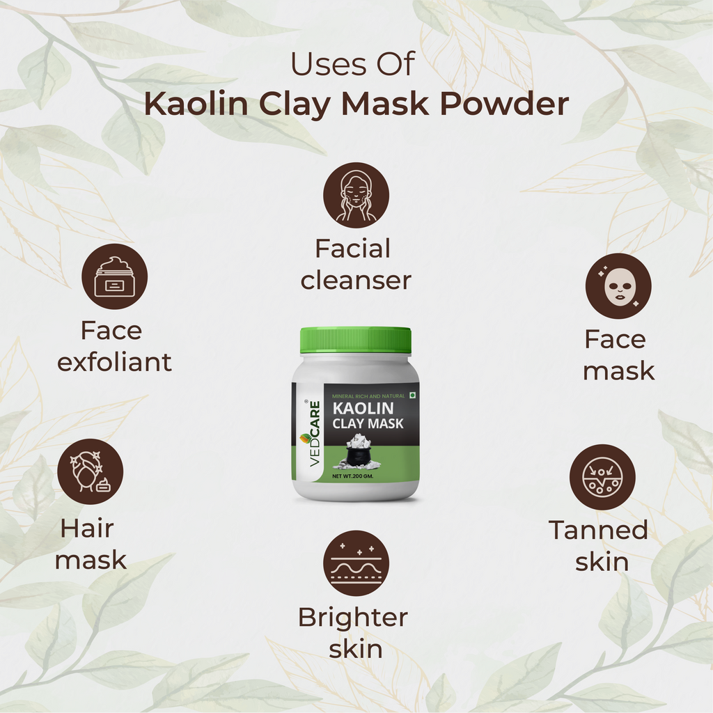Kaolin Clay Mask Powder with its uses on a light green leafy background