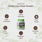 Kaolin Clay Mask Powder with its uses on a light green leafy background